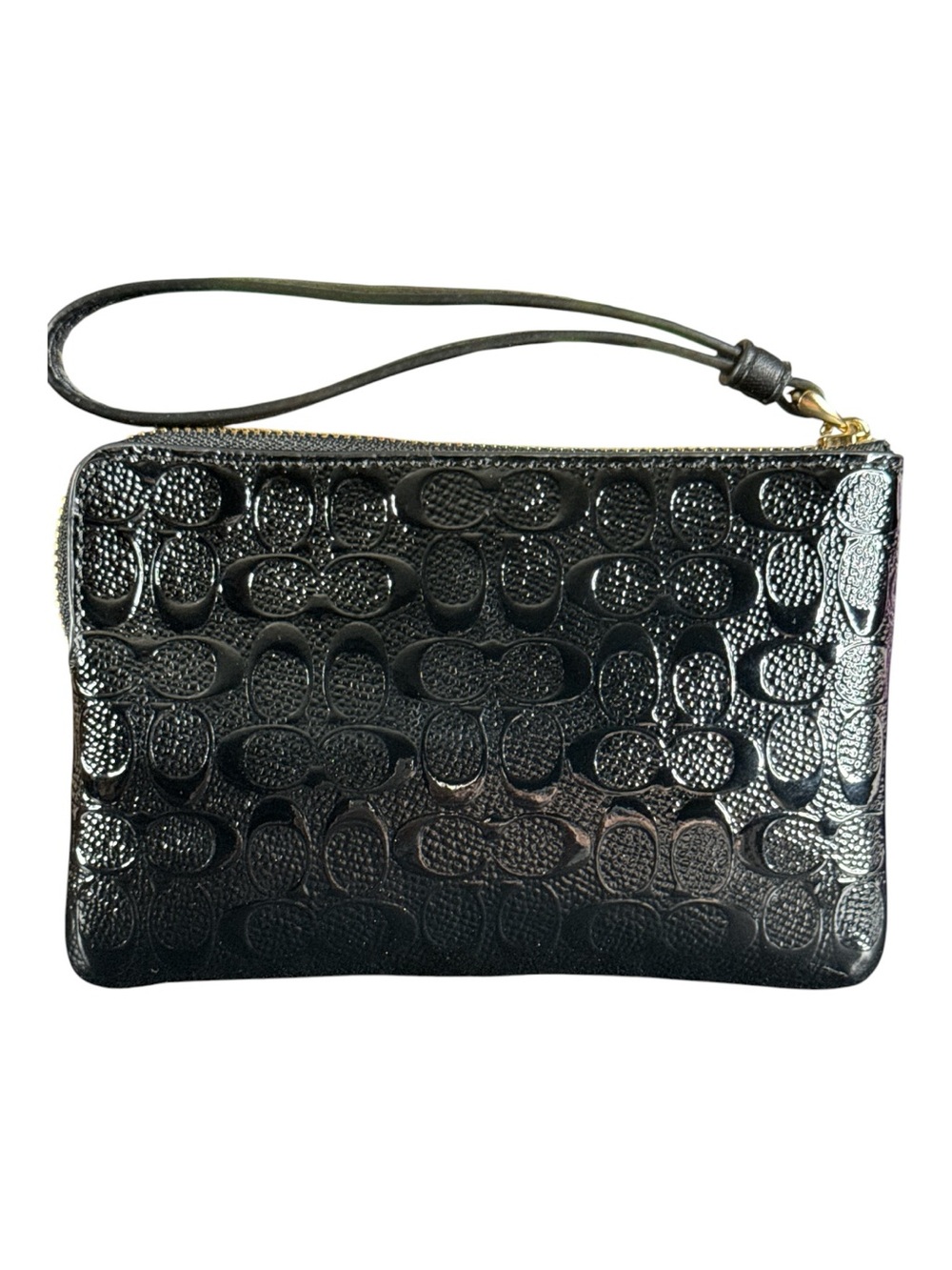 COACH Corner Zip Black Patent Debossed Leather Wristlet - Picture 2 of 6